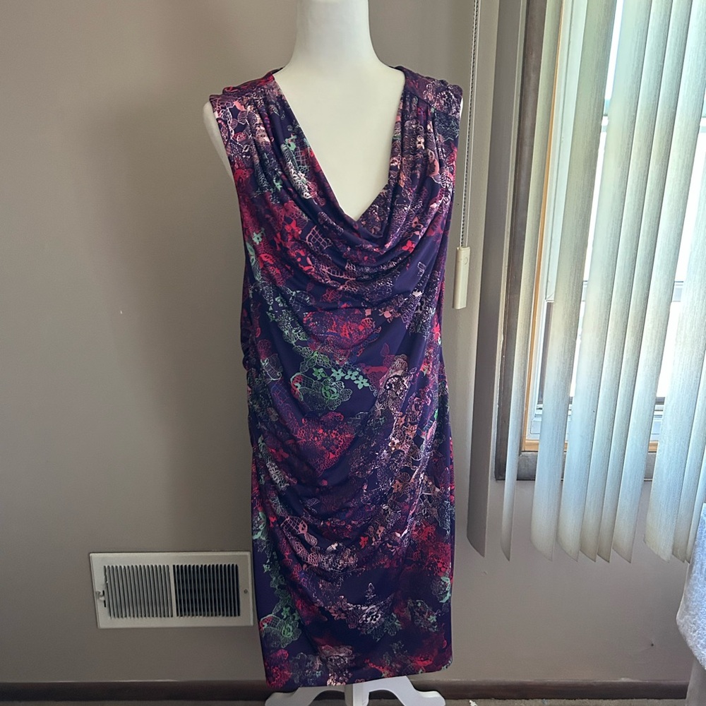 Multicolored Sheath Midi Dress with Cowl Neck